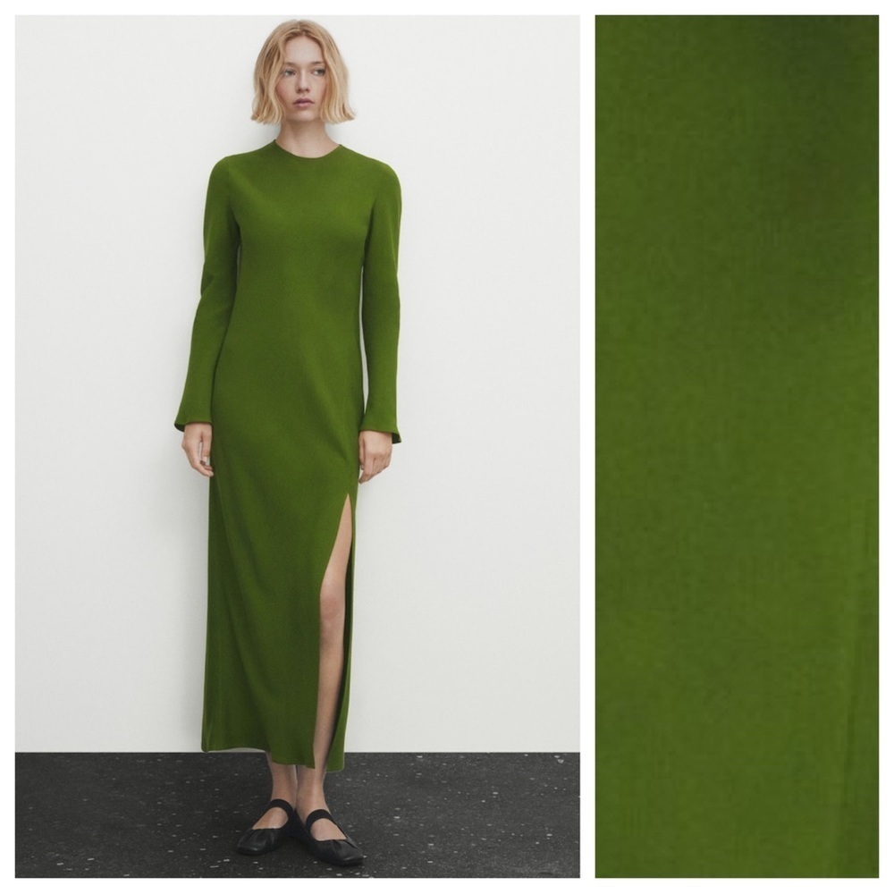 NWT. Massimo Dutti Green Viscose Flowing Fabric Long Dress. Size M.